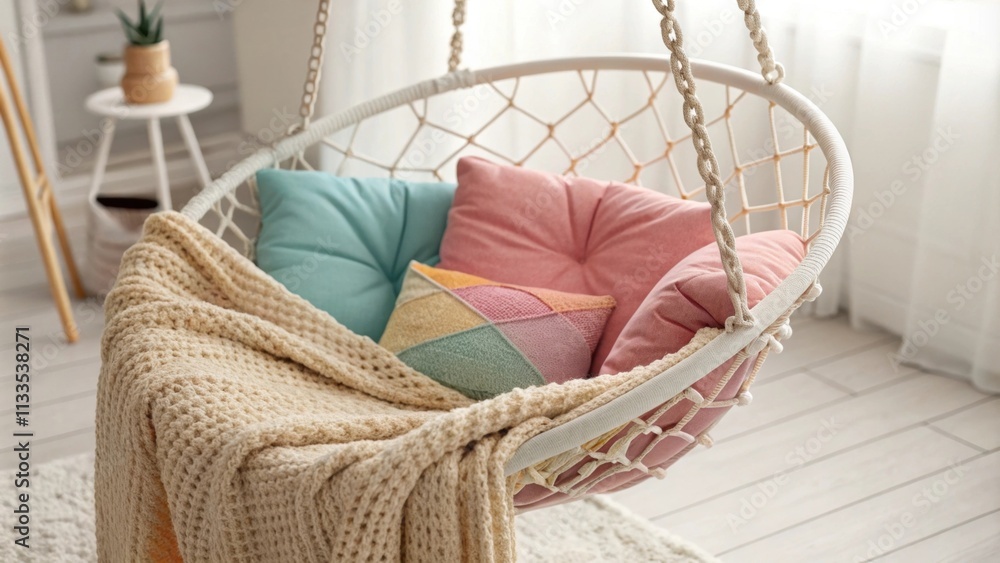 Poster An inviting corner with a gently swaying hanging chair plush with colorful cushions and draped with a warm knitted wool blanket.