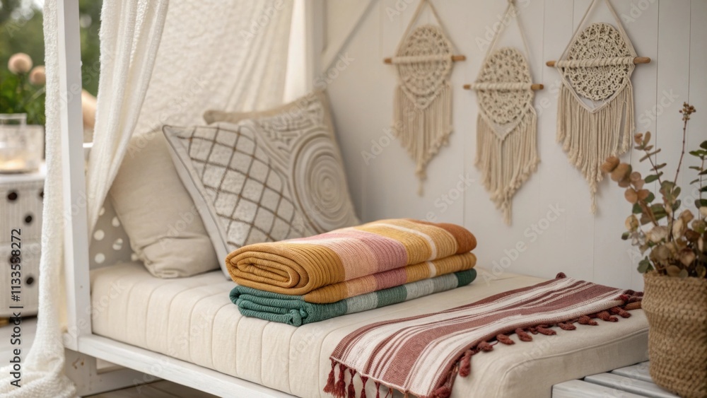 Poster the inviting nook includes a plush daybed layered with striking throws in various hues alongside dec