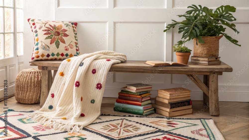 Poster An inviting space defined by a bold eclectic area rug a cozy knit throw featuring colorful motifs and an artfully stacked collection of books p on a rustic bench.