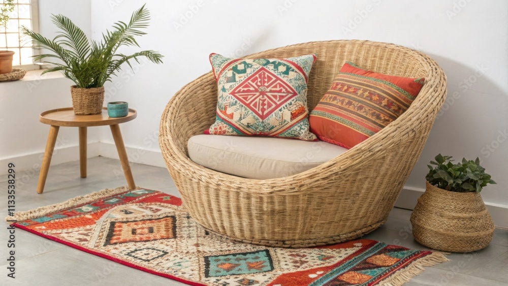Aufkleber an intimate seating area with a gently curved wicker armchair accentuated by eclectic patterned pill