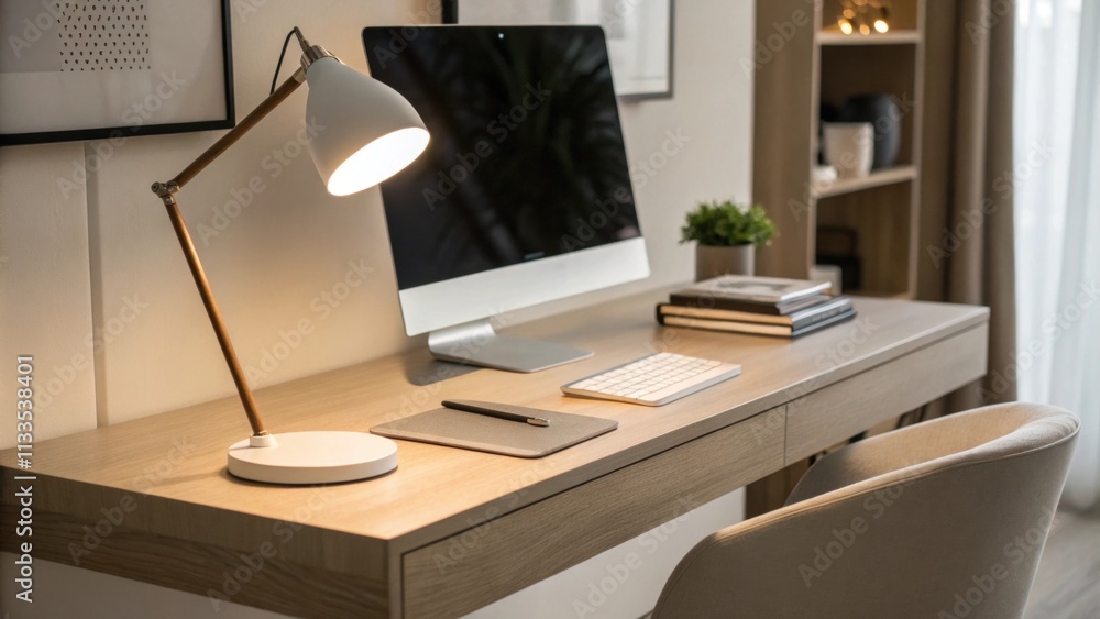 Poster A tranquil office corner highlights a minimalist floating desk and a contemporary lamp both bathed in soft inviting light. The uncluttered space emphasizes functionality and