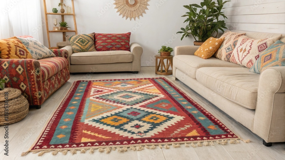 Aufkleber A living room showcasing a colorful kilim rug surrounded by plush sofas layered with boldpatterned throws creating a harmonious blend of textures.