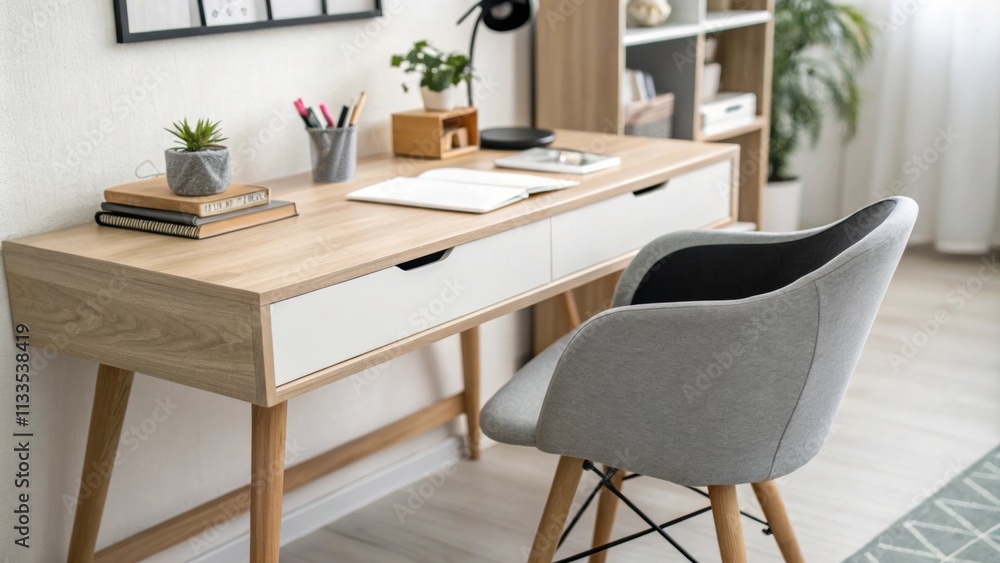 Aufkleber A serene office setup displaying a light wood desk with soft curves accompanied by a streamlined chair in shades of gray and black maintaining a cohesive and tidy
