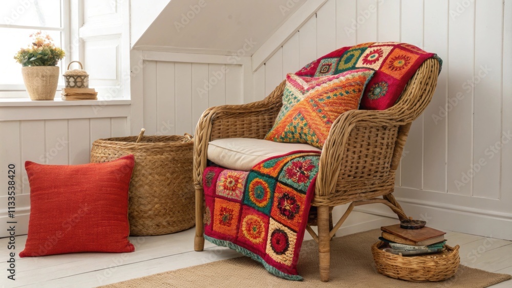 Poster A charming nook highlighted by a rustic rattan armchair accented with bold colorful textiles and a large inviting floor cushion to encourage lounging.