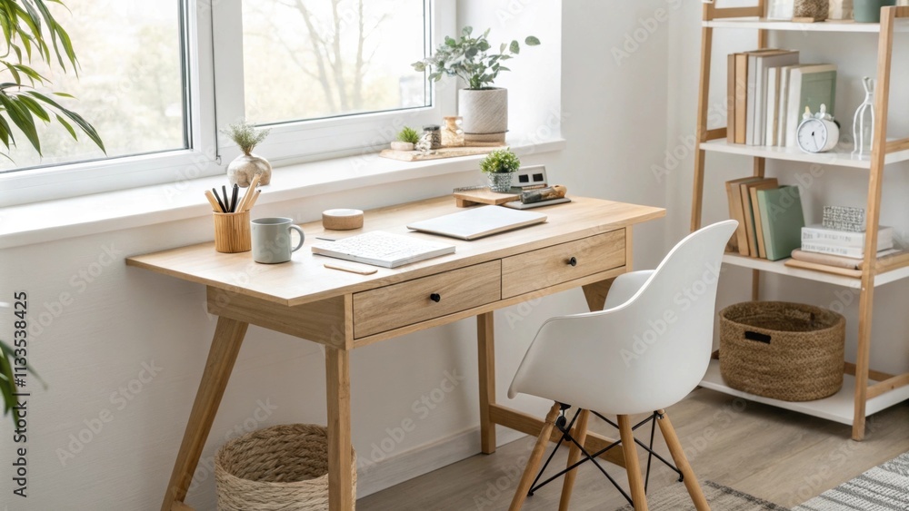 Poster an airy home office layout showcasing a simple wooden desk paired with a minimalist chair highlighte