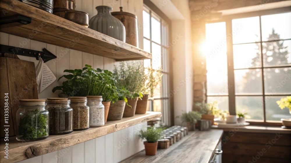 Poster Sunlight streams through a large window illuminating a cozy kitchen adorned with rustic wooden accents mason jars lined on open shelves and fresh herbs in small pots.