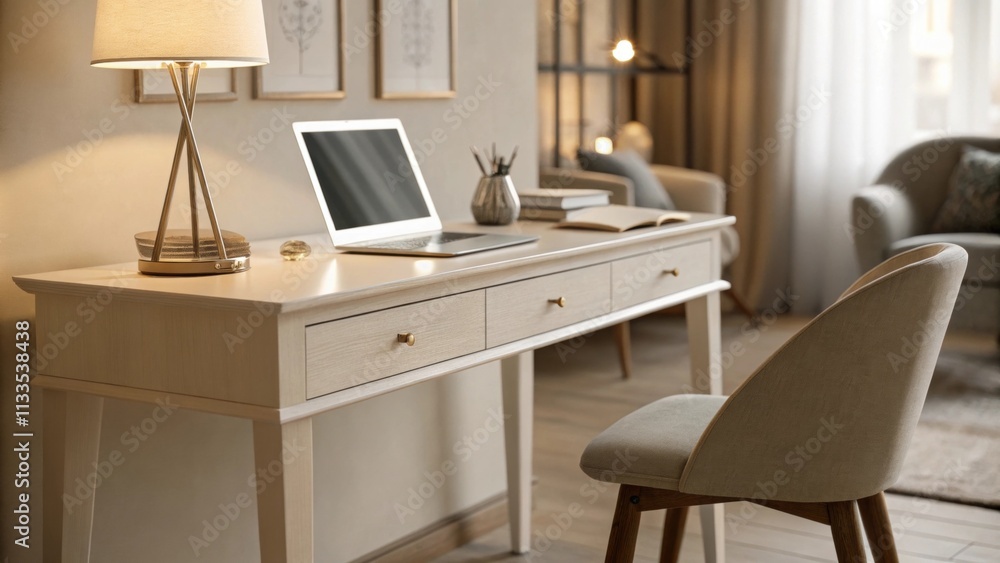 Poster a minimalistic interior scene with a slender desk p under soft lighting highlighting the uncluttered