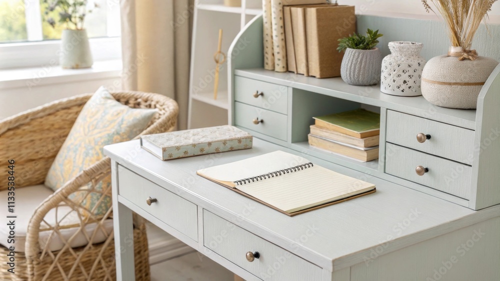 Aufkleber An airy workspace showcasing a compact rectangular desk in a soft gray hue surrounded by light beige decor and accented with a neatly arranged stack of books and a notepad.