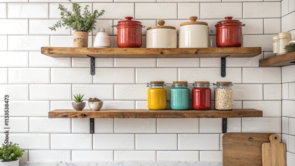 Poster an inviting culinary area with rustic wooden shelves displaying colorful vintage jars set against th