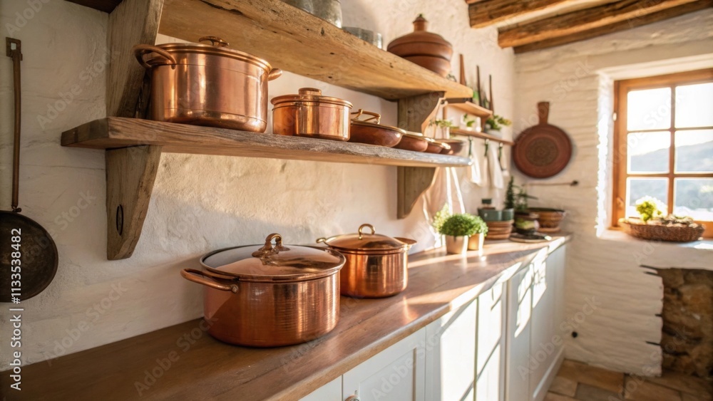 Poster a quaint kitchen with rustic elements featuring floating shelves loaded with polished copper cookwar
