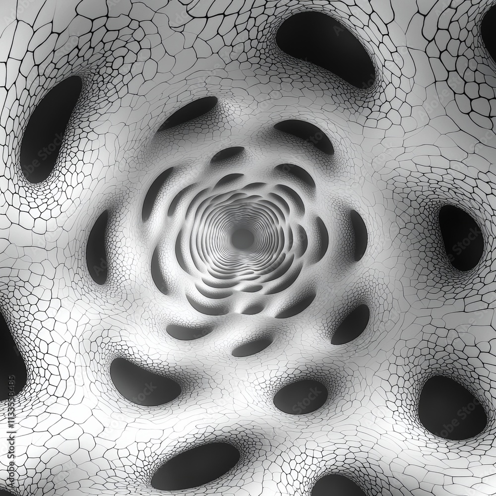Poster abstract optical illusion with intricate geometric patterns in monochrome