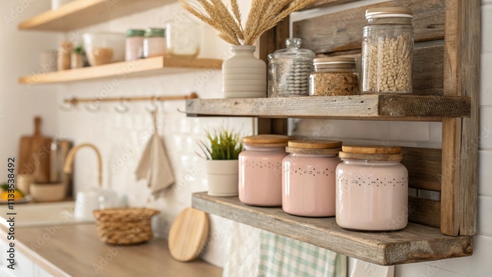 Poster This inviting kitchen displays rustic wood shelving adorned with vintage jars complemented by a palette of soft neutral hues that enhance its cozy ambiance.
