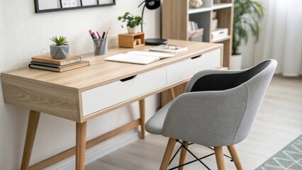 Fototapeta premium A serene office setup displaying a light wood desk with soft curves accompanied by a streamlined chair in shades of gray and black maintaining a cohesive and tidy