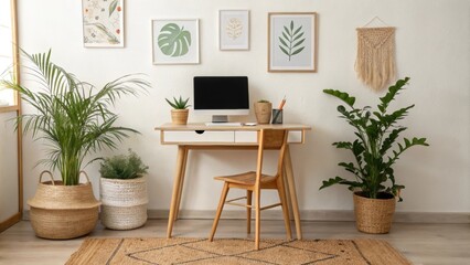An inviting workspace showcasing a minimalist wooden desk adorned with a few potted plants a warm area rug underfoot and wall art that complements the rooms palette.