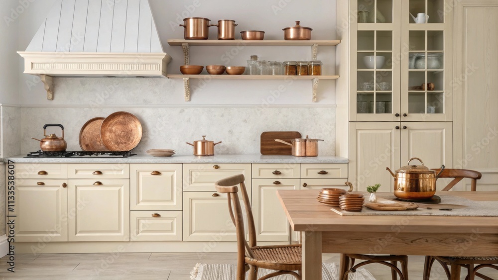 Poster rustic decor in a kitchen with pale cream cabinetry open shelves displaying shiny copper cookware an