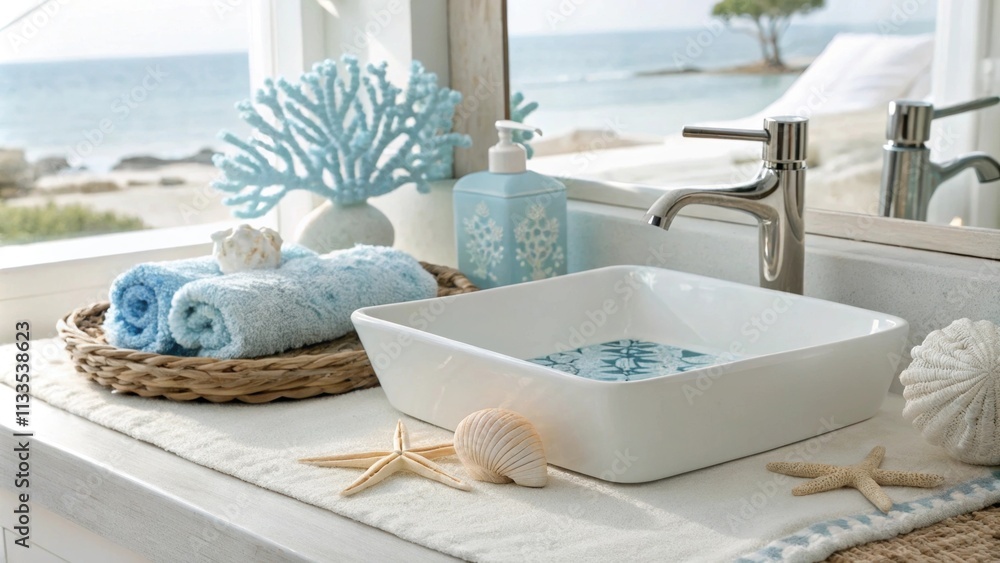 Poster bright and airy coastal bathroom featuring a minimalist sink soft blue decorative elements and a sma
