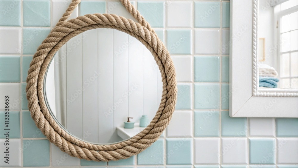 Poster a serene interior displaying a ropeframed mirror reflecting soft light with pale blue tile accents t