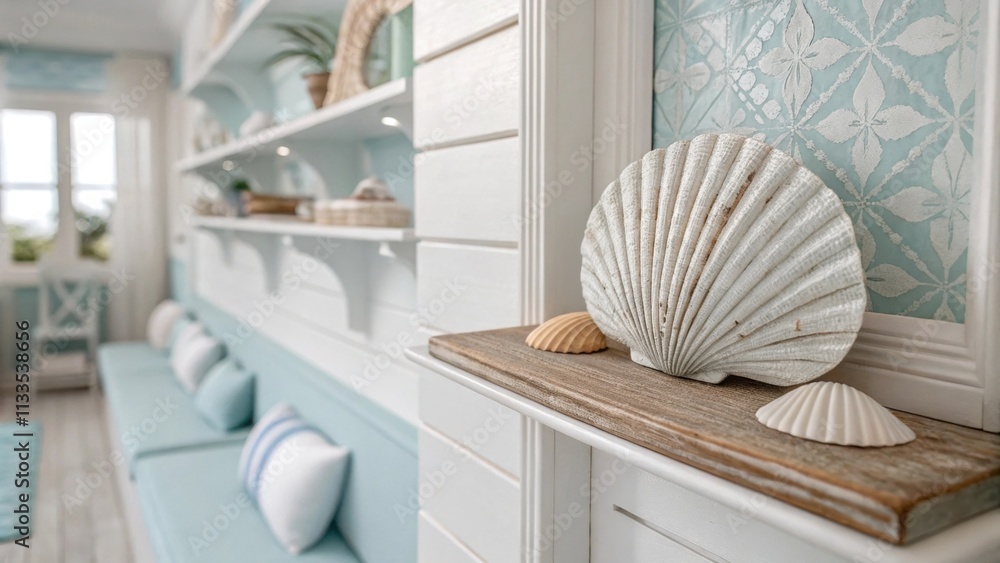 Poster The serene space boasts a subtle palette of white and pale blue with a stylish seashell artfully displayed on the wall above a polished wooden shelf evoking a coastal feel.