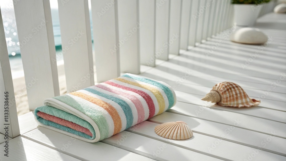 Aufkleber A minimalist space features a colorful striped towel folded neatly against sleek linear design elements with a lone seashell adding a natural accent to the composition.