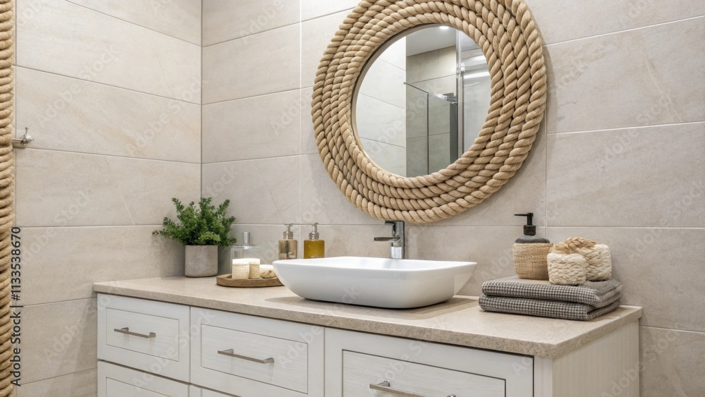 Poster The space features a sleek horizontally oriented vanity juxtaposed with a textured rope mirror set on neutral tile surfaces reflecting a contemporary and minimalist