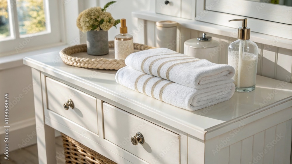 Poster This simple arrangement highlights a white vanity with minimal hardware adorned with a neatly arranged striped hand towel all bathed in diffused soft light that casts a