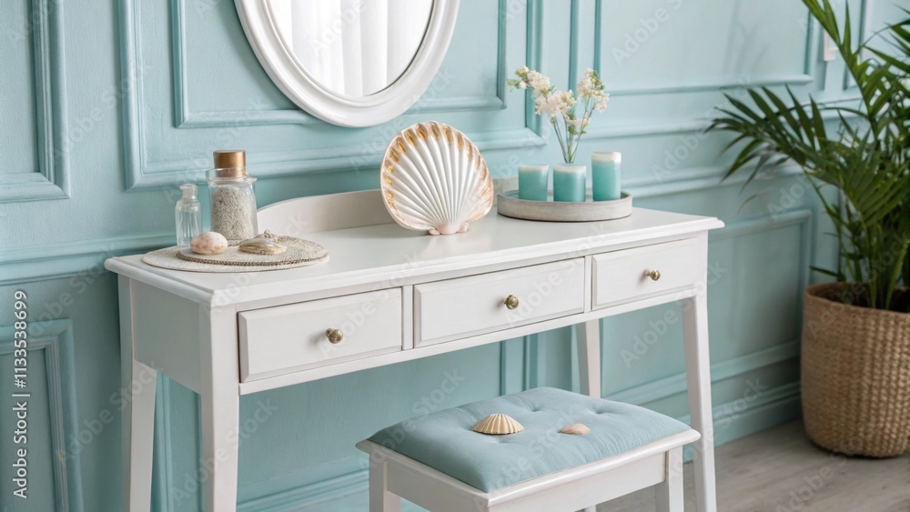 Poster an inviting coastalinspired space featuring a chic vanity design a single carefully positioned seash