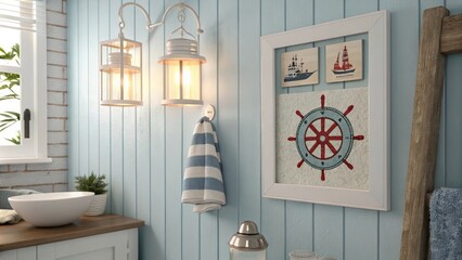 The bright bathroom is accentuated by warm diffused light that returns emphasis to the pale blue wall while a distinct nautical print adds an interesting focal point to the