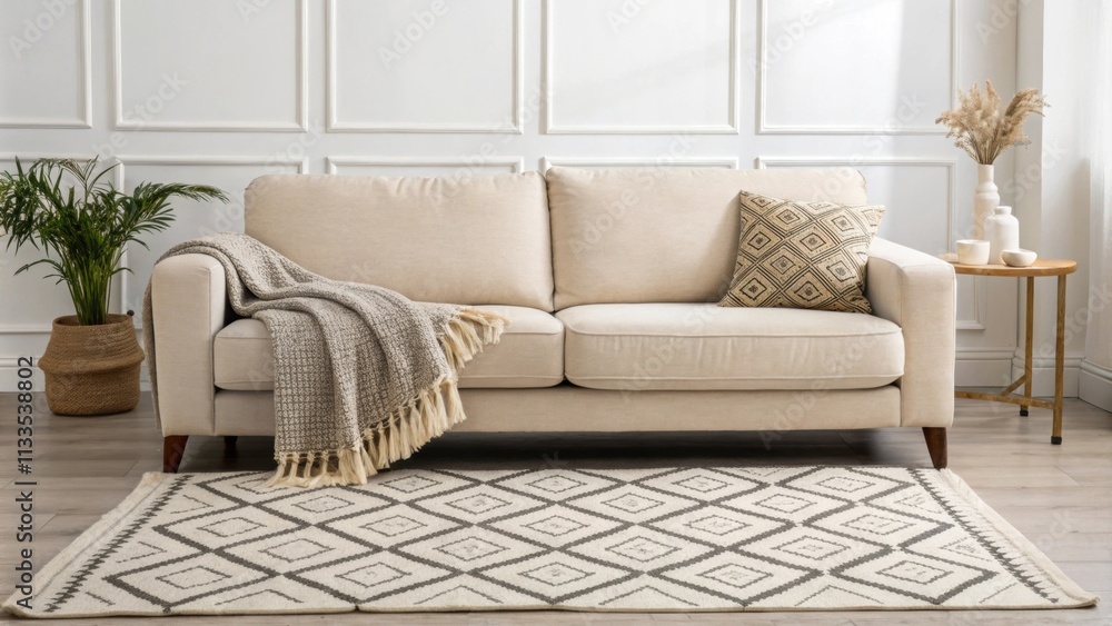 Poster an airy minimalist living room featuring a simple yet stylish patterned rug under a neutral sofa whi