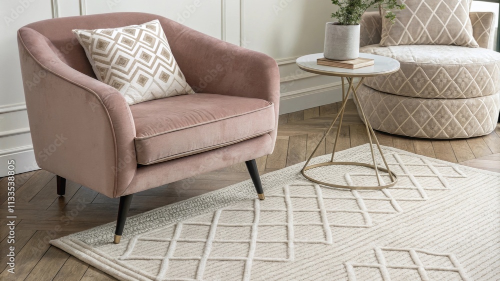 Poster an elegant living room atmosphere displaying a soft velvet armchair alongside a tactile area rug wit