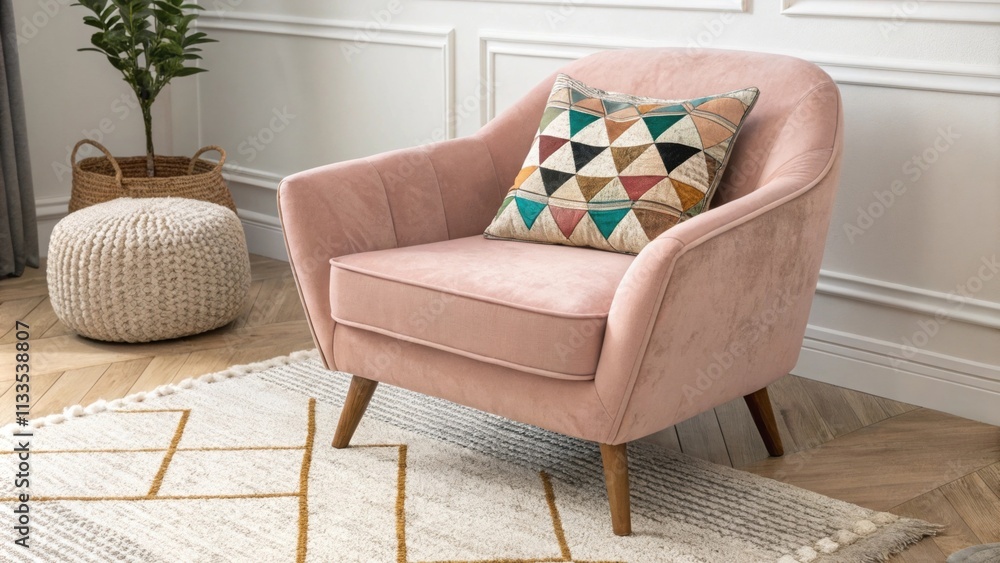 Poster an inviting living room scene showcasing a soft velvet armchair positioned near a textured area rug 