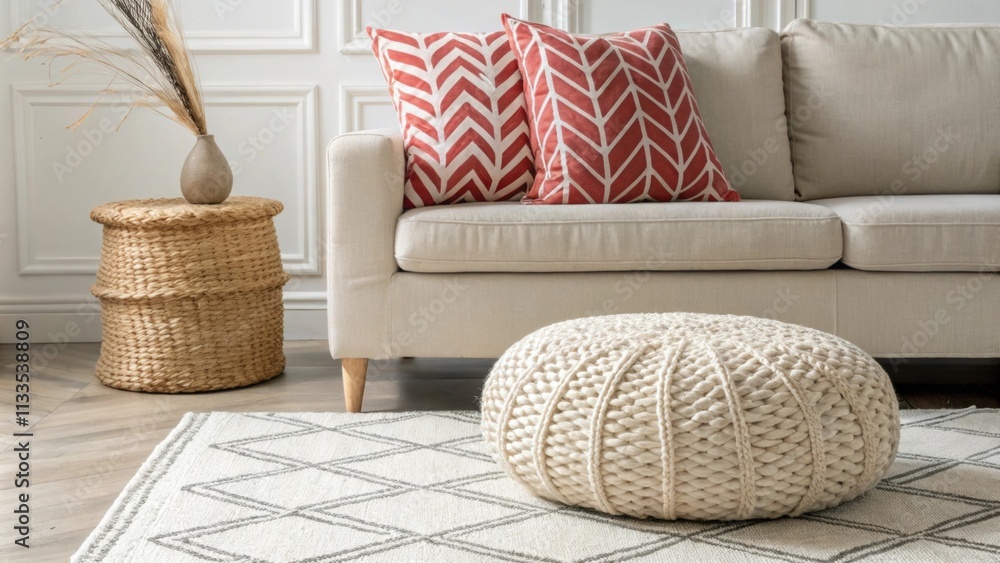 Poster A tastefully arranged living room includes a striking patterned pillow on a comfortable sofa a handcrafted woven ottoman and a sophisticated textured rug that brings