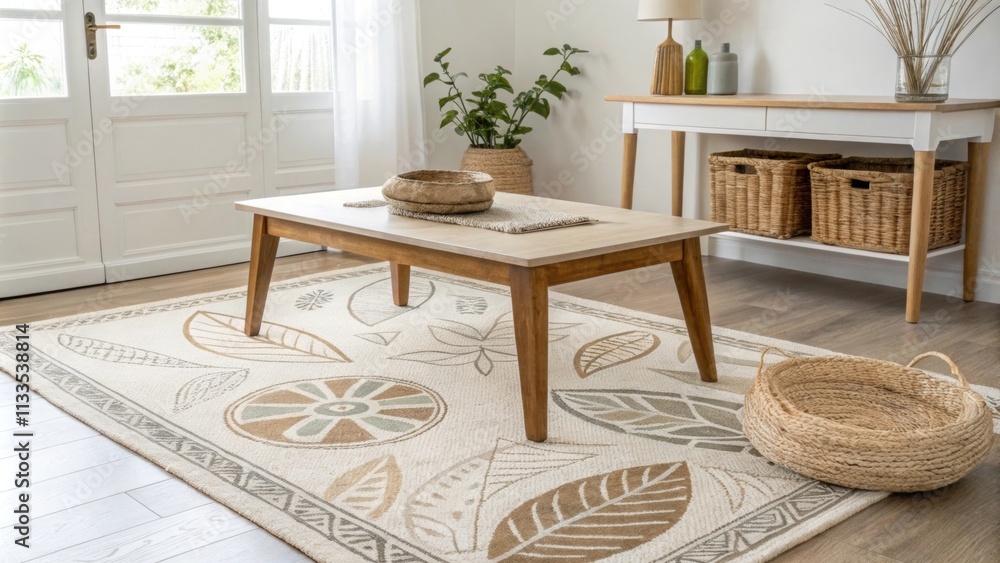 Poster an inviting interior showcasing a large artistic rug with modern motifs paired with a streamlined co