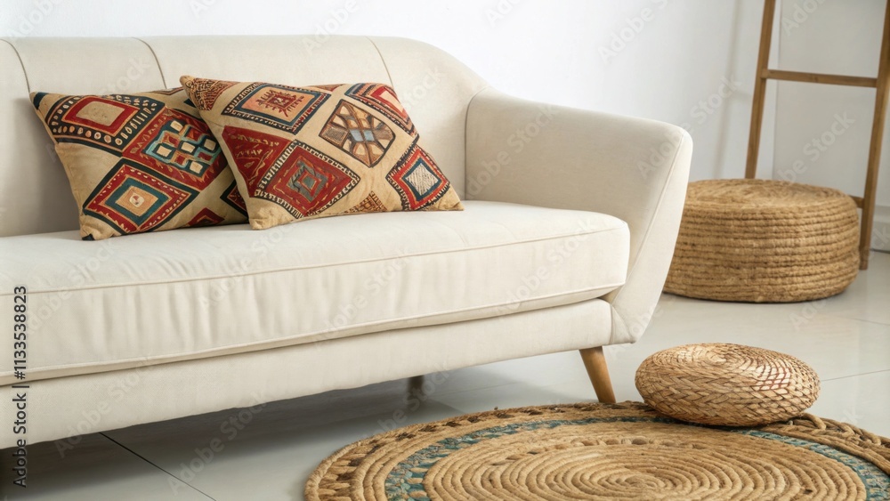 Poster the room is decorated with a minimalist offwhite sofa accentuated by an eyecatching patterned cushio