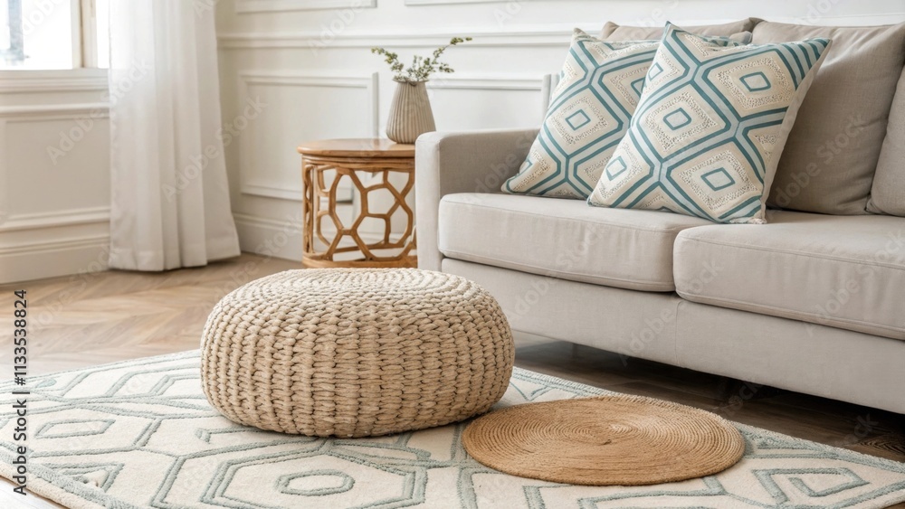 Poster this stylish living room features a singular patterned pillow nestled on a sofa alongside a chic wov