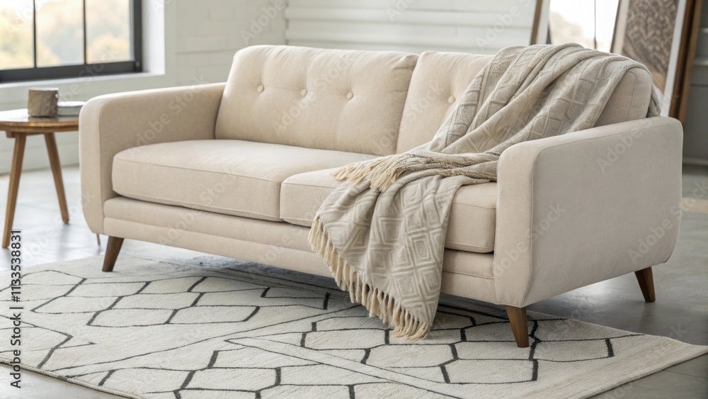 Poster an inviting lounge area displaying a soft neutraltoned couch with a single cozy blanket textured for