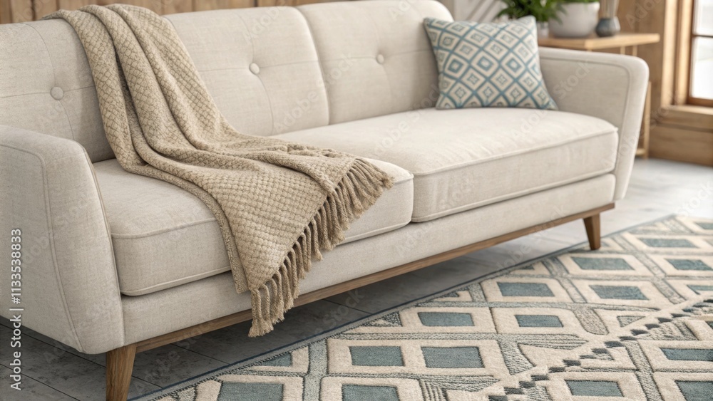 Aufkleber A serene interior scene highlighting a lightcolored couch with a single textured throw blanket positioned on a patterned geometric rug that adds depth to the calming neutral