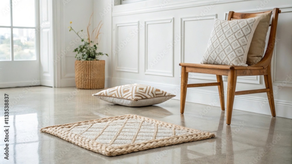 Poster An airy minimalist space showcasing a textured woven rug on a polished floor with a solitary decorative pillow adding a touch of pattern to a streamlined wooden chair.