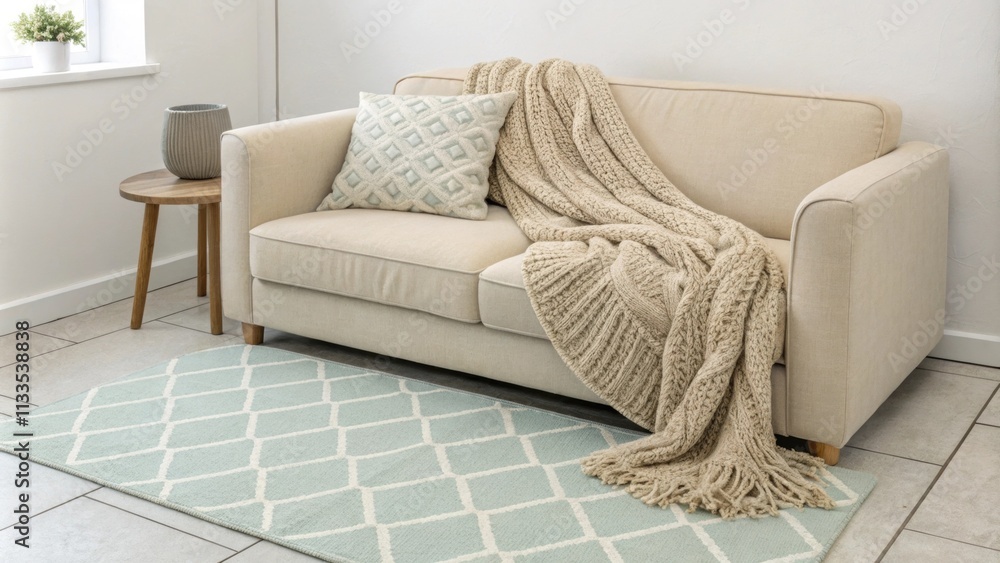 Aufkleber a cozy corner of a contemporary space showcasing a simple beige couch with a rugged knitted blanket 