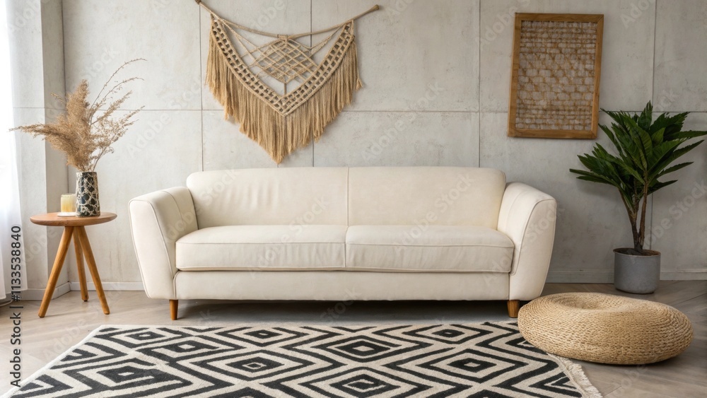 Aufkleber a contemporary space is adorned with a smooth minimalist couch resting on a striking geometric rug w