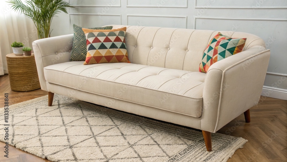 Poster a stylish lounge showcases a streamlined sofa that exudes comfort accessorized with a vibrant geomet