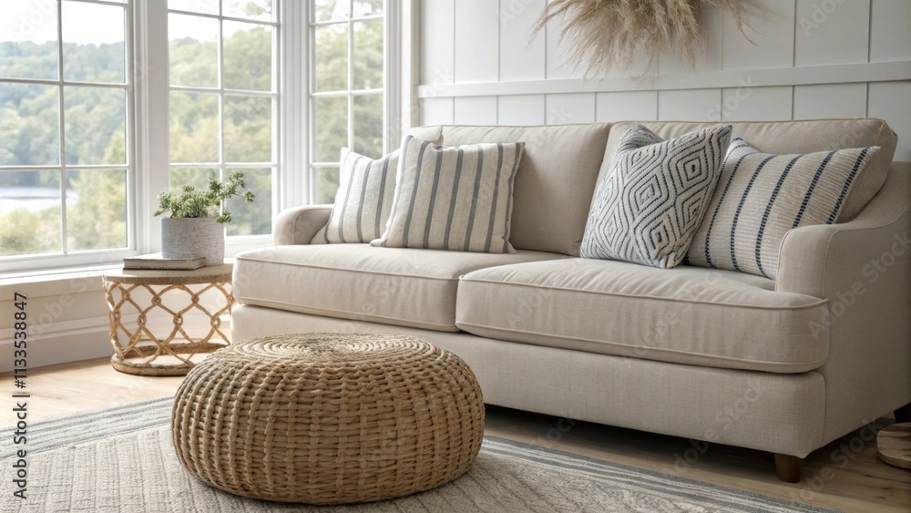 Poster An uncluttered living room design featuring a muted sectional a distinctively patterned striped cushion and an inviting woven pouf positioned beside a large window letting