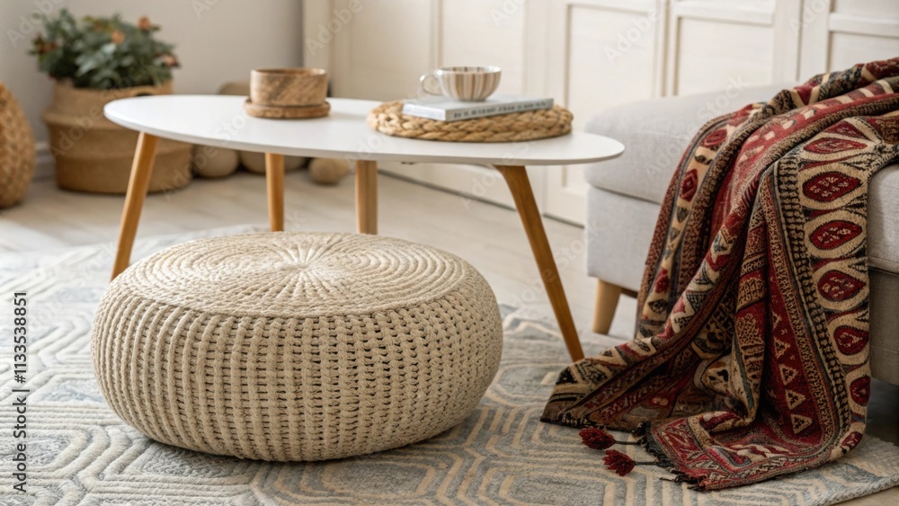Aufkleber An inviting room showcases a round woven pouf next to a minimalist coffee table complemented by a richly patterned throw that adds a touch of eclectic style to the decor.