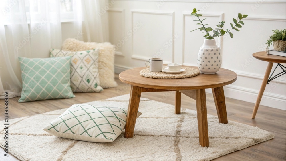 Poster A bright and airy room characterized by a plush tactile rug and a gently patterned throw pillow with a stylish wooden coffee table serving as the focal point.