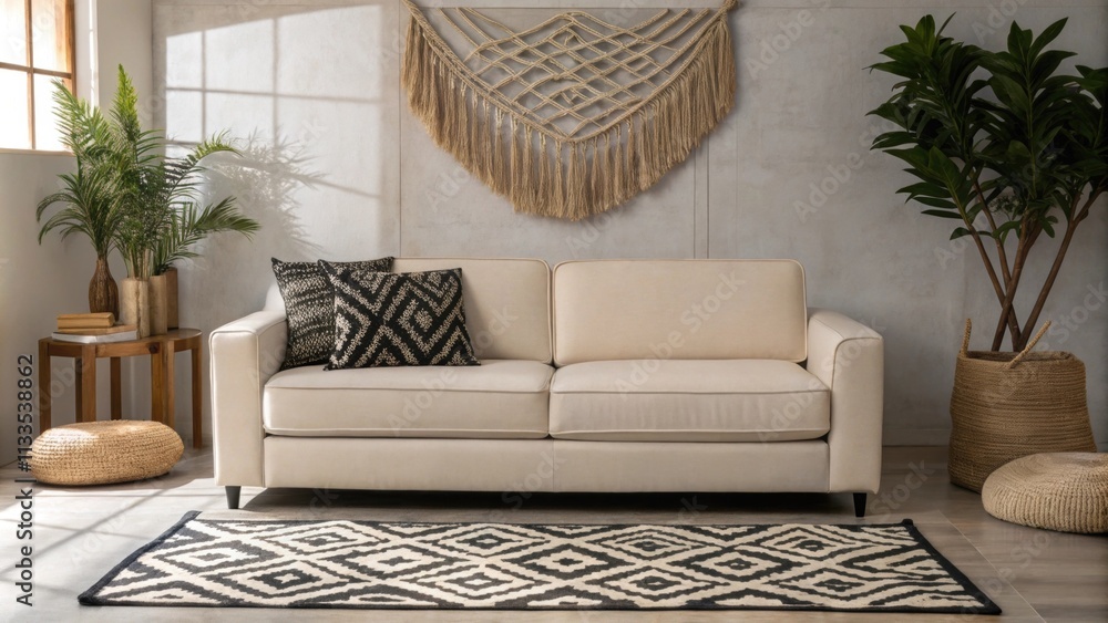 Poster a chic seating area is defined by a smooth modern sofa a bold geometric rug that anchors the space a