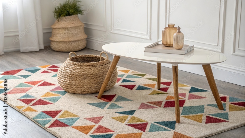 Poster an elegant room setting where a colorful geometric rug contrasts with a smooth understated coffee ta