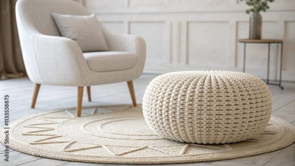 Poster the interior is styled with a prominent textured pouf that draws the eye complemented by a minimalis