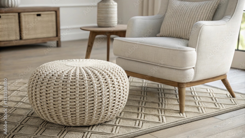 Aufkleber An elegantly arranged room includes a sophisticated textured pouf alongside a crisp armchair all set on a chic woven rug that provides visual and textural balance.