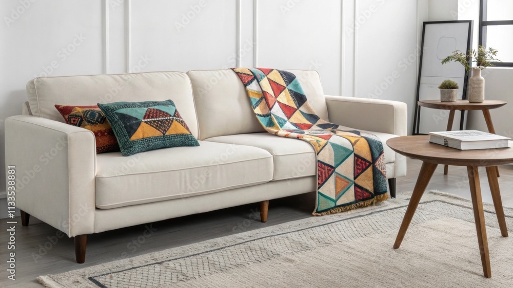 Aufkleber This minimalist living room features a smooth monochrome sofa with a vibrant geometric throw providing a pop of color. A simple wooden table with clean lines completes the