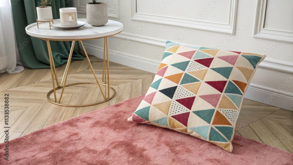 Poster a geometricpatterned cushion with eyecatching colors arranged atop a velvety area rug that provides 