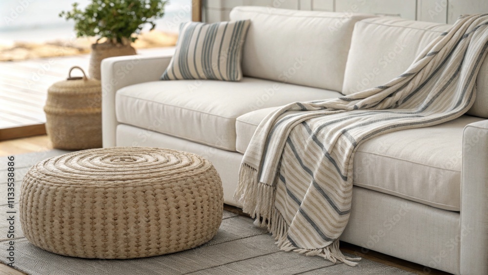 Poster An inviting lounge space features a striped blanket casually thrown over a cleanlined couch while a versatile woven pouf sits adjacent offering a blend of comfort and visual